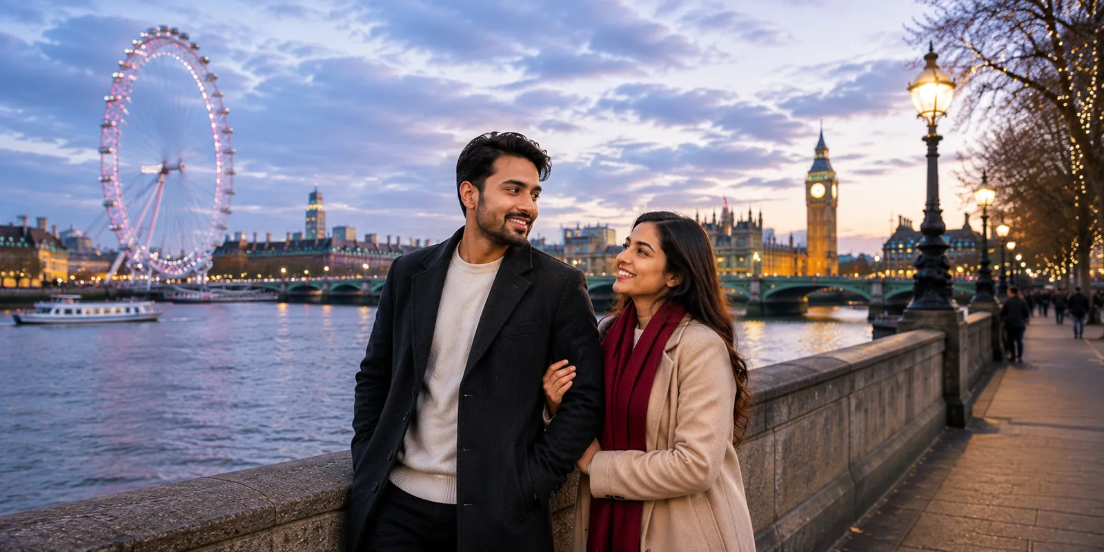 Couple by the River Thames with the London Eye and Westminster in view