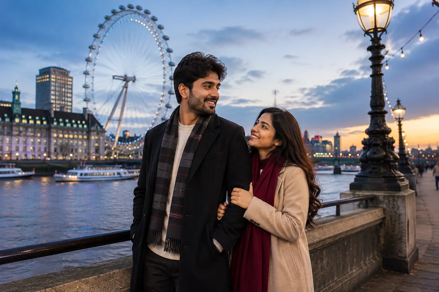 Couple by the Thames at dusk with the London Eye lit up