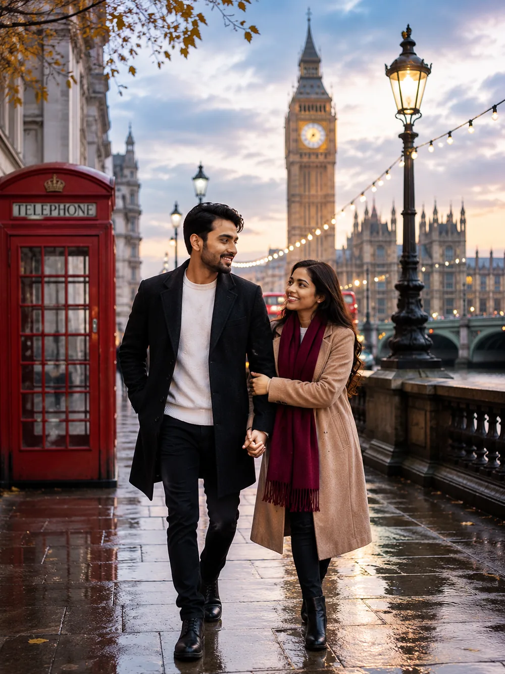 Couple walking together in London, near a red telephone box