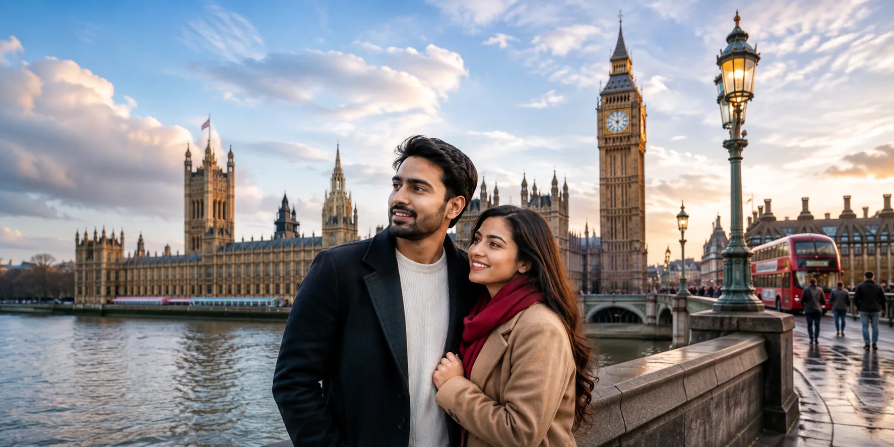 Couple by the River Thames with the Houses of Parliament and Big Ben