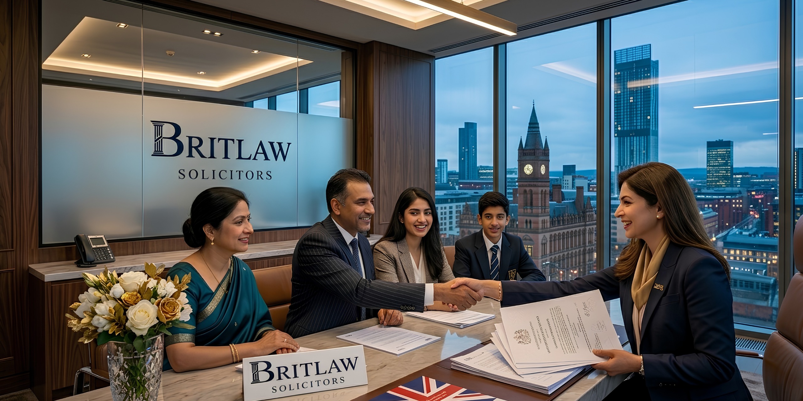 Professionals discussing work and immigration plans in Manchester